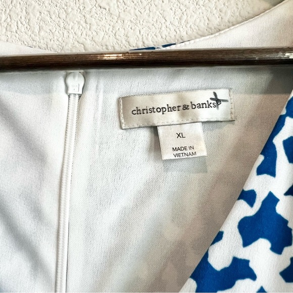 Christopher & Banks XL Faux Wrap Midi Dress Blue White Knot Front Flowy Stretch - Picture 4 of 10